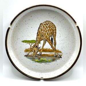 VTG Round Ceramic Pottery Ashtray Giraffe Drinking Water Trinket Dish Japan 7.5"